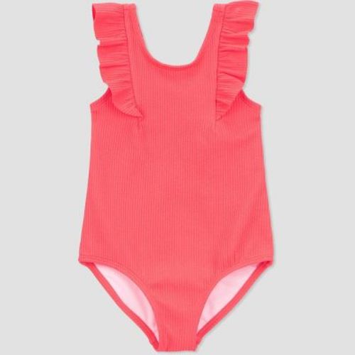 Carter's Just One You®️ Baby Girls' Ruffle Textured Solid One Piece Swimsuit - Pink 12M: UPF 50+, V Back, Elastic Leg