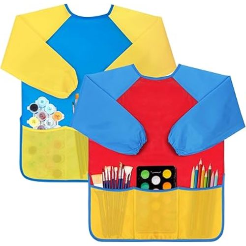 Bassion 2 Pack Kids Art Smock, Toddlers Painting Aprons Colorful Waterproof Children Artist Smock with Long Sleeve 3 Roomy Pockets for Age 2-8 Years Gifts(Yellow Blue)