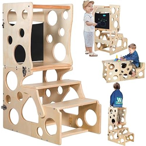 Toddler Tower, Learning Wooden Tower, Toddler Kitchen Stool Helper, Foldable Weaning Table with Toddler Standing Tower, Foldable Kitchen Step Stool for Bathroom and Kitchen Counter