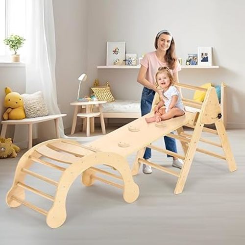 YOLEO Pikler Triangle Set 7-in-1, Montessori Toddler Climbing Toys Indoor,Easy-Fold Wooden Climbing Toys for Toddlers 1-3 Inside,Fun Pickler climbing Set and Indoor Playground Jungle Gyms for Toddlers