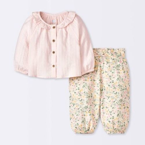 Baby Girls' Floral Lettuce Collar Gauze Top & Bottom Set - Cloud Island™ Pink Newborn