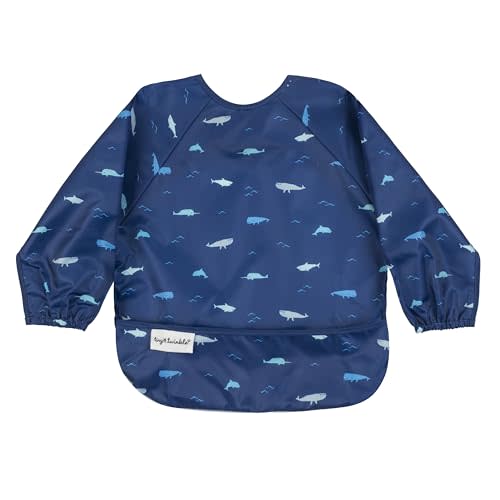 Tiny Twinkle Mess Proof Baby Bib|Waterproof Smock Bib for Eating,Machine Washable Full Sleeve with Pocket(Ocean Life, Small 6-24 Months)