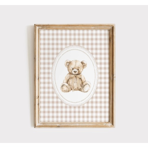 Teddy Bear Nursery Print, Gender Neutral Nursery Wall Art, Beige Gingham Kids Room, Tan Bear Poster, Woodland Nursery Decor