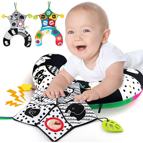 teytoy Tummy Time Pillow with Crinkle Mat & Teethers, Black and White High Contrast Baby Toys with Mirror, Montessori Sensory Crawling Toy for Infant Newborn Toddler Tummy Time Toys 0-6 Months Babies