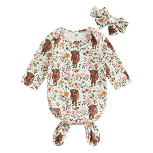 Newborn Knotted Gown Baby Boys Girls Coming Home From Hospital Outfit Farm Western Printed Sleeper Pajamas Clothes