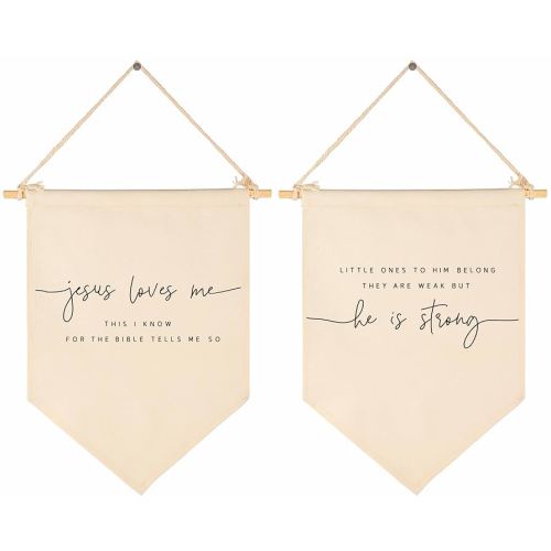 Jesus Loves Me-Scripture Flag Sign Gifts for Baby Newborn Boys Girls Kids-Christian Bible Verses,Canvas Hanging Banner Wall Gifts for Nursery Baby Room Playroom Front Door-for This Child-Set of 2