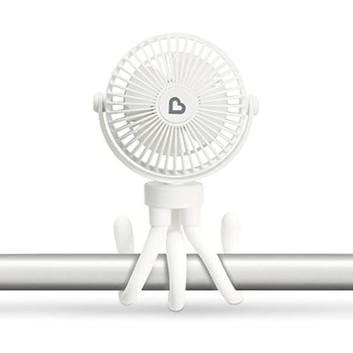 Munchkin Stroller Fan - Portable Fan for Travel, Baby Gear Accessory with 4 Speeds, Flexible Clip-on Leg Attachment, Rechargeable Battery, White with Multicolored LED Lights