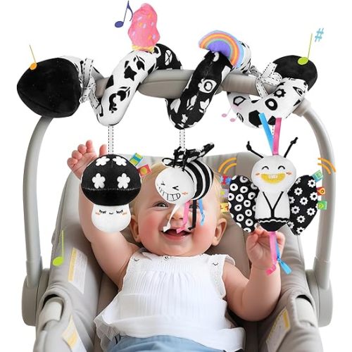Spiral Car Seat Toys for Babies, 0-6 Months Stroller Pram Activity Hanging Toys High Contrast Black and White Sensory Toy, Newborn Soft Plush Travel Toy for Boys Girls Essentials Gift