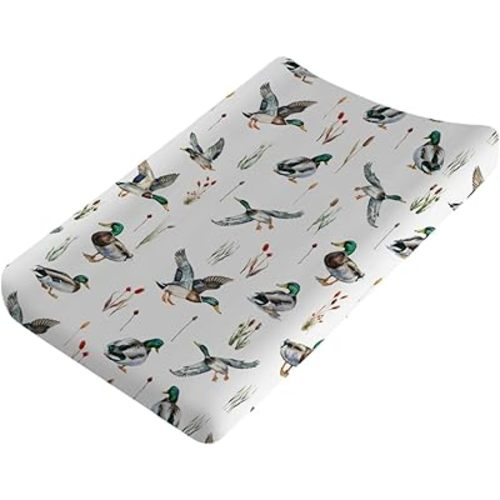 Watercolor Mallard Duck Hunting Changing Pad Covers Baby Duck Hunting Nursery Decor Diaper Change Pad Sheets for Boys Girls Wild Duck Leaves Soft Breathable Stretchy Changing Sheets Mats 32''x16''