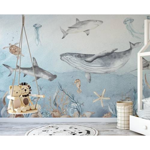 watercolor undersea wallpaper,undersea world nursery wallpaper,undersea creatures kids wall mural,custom size Peel & Stick | Regular