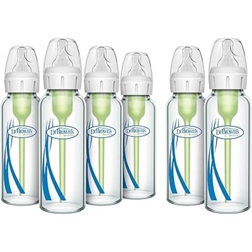 Dr. Brown’s Natural Flow Anti-Colic Options+ Narrow Glass Baby Bottles Bundle, 8 oz 4-Pack & 8 oz 2-Pack, with Level 1 Slow Flow Nipples, Anti-Colic Vent System, Breast-Like Nipple