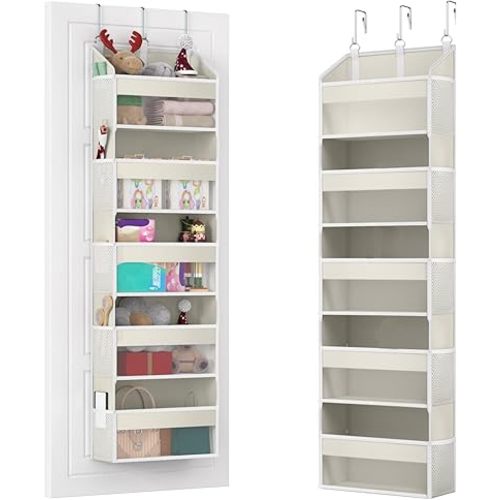 Over the Door Organizer with 5 Front & 10 Mesh Side Pockets, 50LB Capacity Extra Large Hanging Storage Organizer Multi-Room Space-Saving Hanging Shelves with 3 Hook for Closet, Kitchen, Pantry, Beige