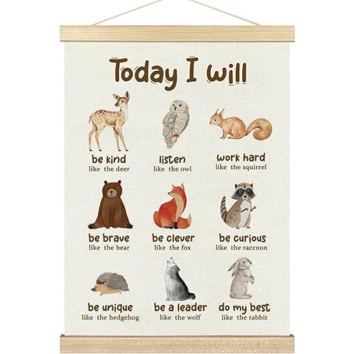 BCUANGD Positive Affirmations Wall Decor - Inspirational Woodland Animals Wall Art Poster Hanger with Wood Frames, Neutral Mental Health Wall Hanging Canvas Decor for Home Kids Room, 12x16 Inches