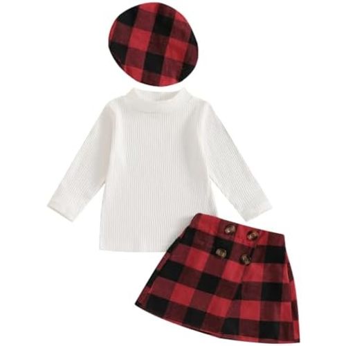 VISGOGO Toddler Girl Skirts Outfit Ribbed Long Sleeve Tops Plaid Tweed Pattern Skirt Beret Baby Fall Winter Clothes
