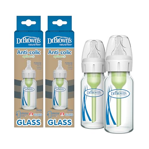 Dr. Brown's Natural Flow Anti-Colic Options+ Narrow Glass Baby Bottle, 4 oz/120 mL, with Level 1 Slow Flow Nipple, 2 Pack, 0m+