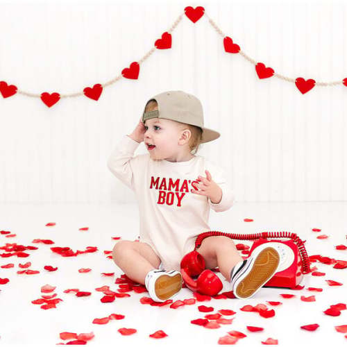Mama's Boy Varsity Patch Valentine's Day Long Sleeve Romper, Natural - Sweet Wink | Maisonette
