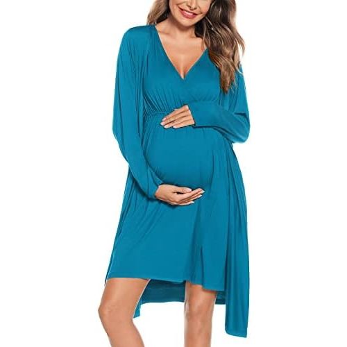 SWOMOG Women Maternity Nursing Gown and Robe Set 3 in 1 Labor Delivery Nursing Nightgown for Breastfeeding Hospital Bathrobe