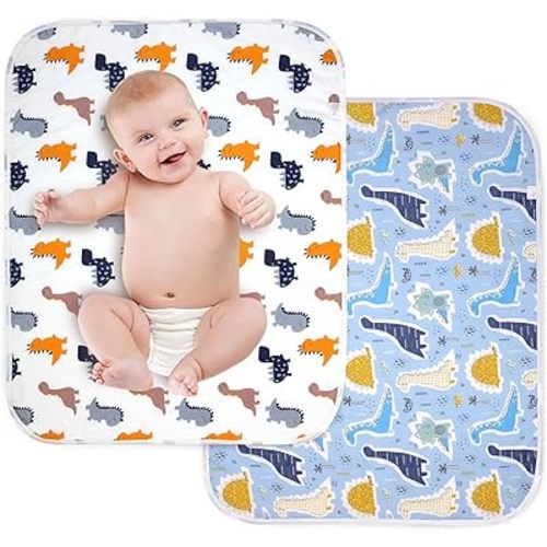 2Pcs Diaper Changing Pads for Baby, Dinosaur Change Mat, 3Layers Waterproof Change Pad Foldable Absorbent Mats for Women, Reusable Incontinence Underpads for Patient 24''x30'' (Colorful Dinosaur)