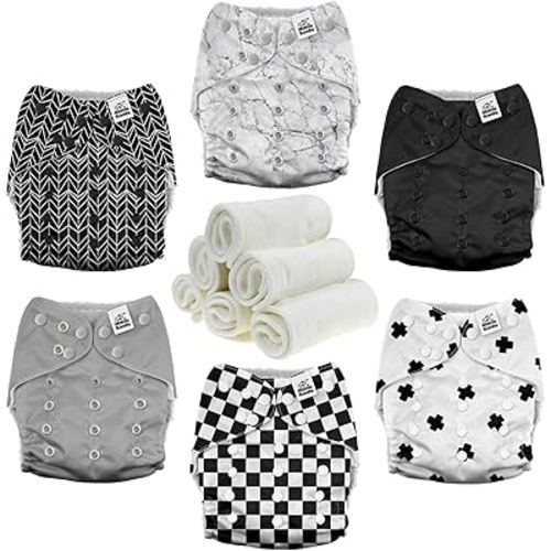 Mama Koala 3.0 Pocket Cloth Diapers for Babies with AWJ Lining, 6 Pack with 6 4-Layer Natural Cloth Diaper Inserts - Reusable and Washable Pocket Diapers (Black and White)