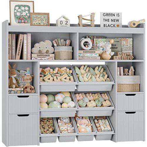 HORSTORS 55" W Toy Storage Organizer with Drawers, Large Kids Toy Storage Box with Removable Bins, Tall Kids Bookshelf and Bookcase for Boys and Girls, Modern Toy Chest for Playroom, Classroom, Grey
