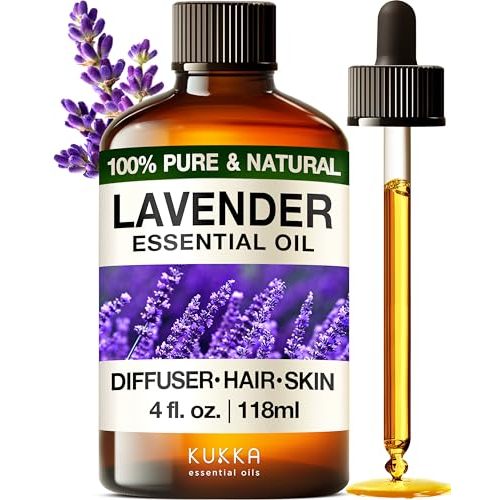 Kukka Lavender Essential Oil for Diffuser - Huge 4 Fl Oz - 100% Pure Natural Lavender Oil for Skin & Hair - Experience Calming Relaxation for Body, Aromatherapy & DIY Soap Making Scent