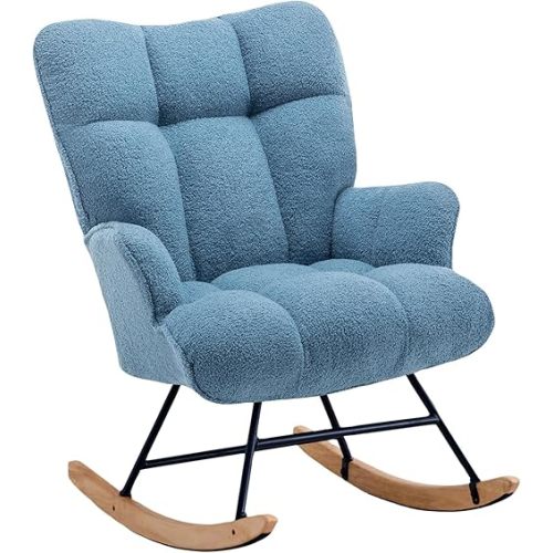 Rocking Chair Nursery Glider Rocking Chais Teddy Rocking Accent Chair Nursery Rocker Nursing Rocking Chairs for Living Room Bedroom (Blue Teddy)