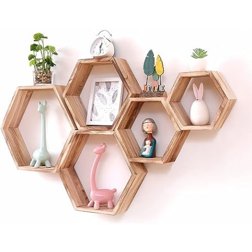 WONFUlity Hexagon Floating Shelves Honeycomb Shelves Wall Mounted Wood Farmhouse Storage Wall Shelf for Bathroom, Kitchen, Bedroom, Living Room,Driftwood Finish Decor,Light Brwon
