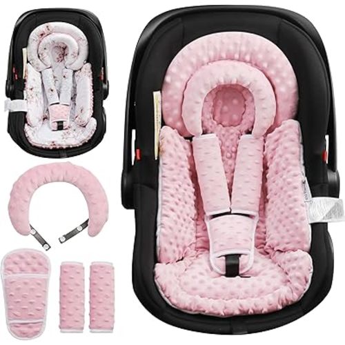 Infant Car Seat Insert with Removable Cushion for Baby Preemie Newborn Infant, Reversible carseat Insert Head Body Support Fits for Stroller, Baby Swing, Rocker, Bouncer, Bassinet - Pink