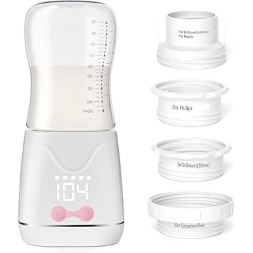 Portable Bottle Warmer, w-maxa Fast Baby Bottle Warmer for Travel with Glass Bottle & 4 Adapters, Rechargeable Bottle Warmer On The Go with Precise Temperature Control for Breastmilk, Formula
