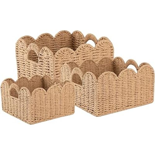 OIAHOMY Scalloped Wicker Baskets, Hand-woven Storage Baskets with Built-in Handles, Paper Rope Shelf Baskets for Organizing and Decoration, Set of 3-Yellow