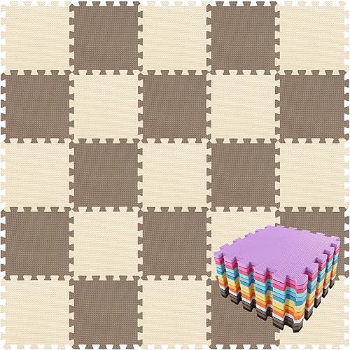 qqpp EVA Rubber 18 Tiles Interlocking Puzzle Foam Floor Mats - Baby Play Mat for Playing | Exercise Mat for Home Workout. Brown, Beige. QC-FJb18N