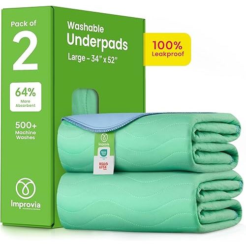 IMPROVIA® Washable Underpads, 34" x 52" (Pack of 2) - Heavy Absorbency Reusable Incontinence Pads for Kids, Adults, Elderly, and Pets - Waterproof Protective Pad for Bed, Couch, Sofa, Furniture, Floor