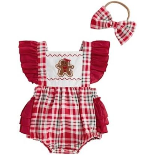 Newborn Baby Girl Christmas Outfit Flutter Sleeve Bubble Romper Overalls Gingerbread Man Embroidery Bodysuit Headband