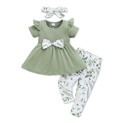 Doresbebe Baby Girl Clothes Toddler Girl Outfits Infant Girl Summer Clothes for Girl Ruffle Shirt Pants+Cute Headband 3PCS