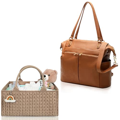 MOMINSIDE Diaper Bag Tote, Baby Diaper Caddy Organizer,Nursery Storage Bin Basket, Leather Diaper Bag Backpack, Convertible Baby Bag for Boys Girls, Baby Registry, Changing Pad