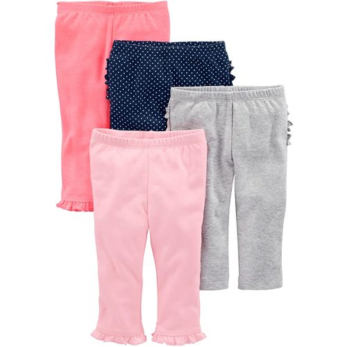 0-3 months Simple Joys by Carter's Baby Girls' Pant, Pack of 4 - 0-3 Months - Coral Pink/Grey/Navy Dots/Pink