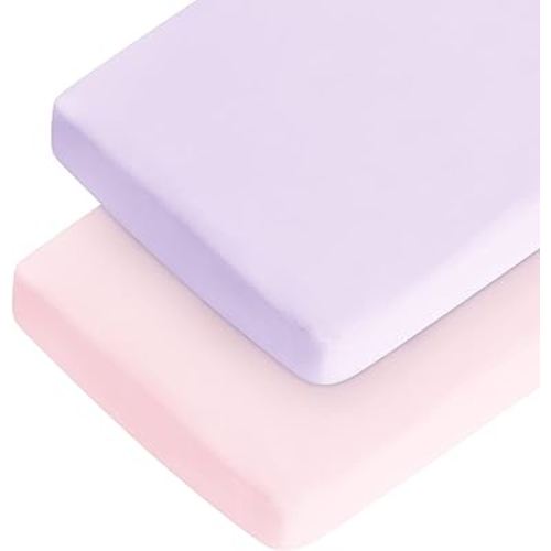 Crib Sheets Girl, Baby Crib Sheets for Standard Crib Mattress & Toddler Bed Mattress, Snug Fit Breathable Soft Fitted Crib Sheet (28''x 52''x 8''), Crib Sheets for Baby Girl 2 Pack Pink & Purple