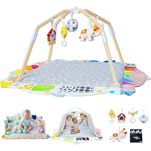 Baby Play Gym Mat, Wooden Activity Center for Baby with 5 Developmental Zones & 5 Detachable Sensory Toys, Stage-Based Montessori Play Mat, Baby Essentials Gifts for Newborn Infant