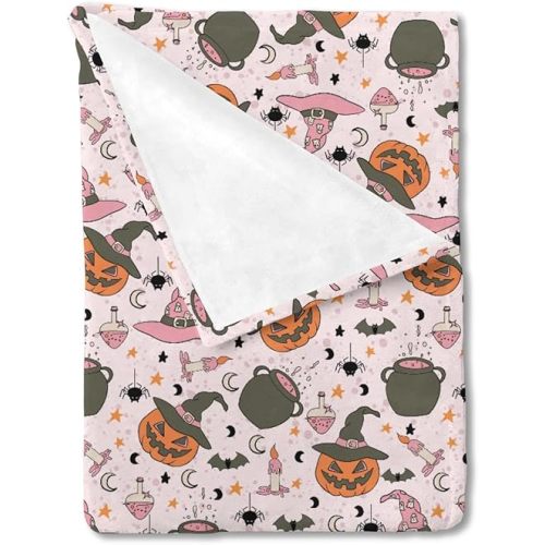 Pink Spooky Pumpkin Witch Baby Blanket for Girls Halloween Witch Hats Bats Moon Stars Flannel Soft Swaddle Blanket Receiving Blankets Crib Bed Blankets for Newborn Infant Babies Nursery 40x50
