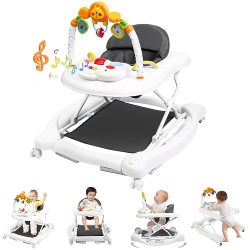 Baby Walker with Wheels, 5 in 1 Baby Walkers for Boys Girls 6-12 Months, Foldable Walker Baby with Bouncer & Feeding Tray, Music, Adjustable Heights