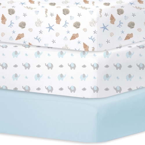 Little Grape Land Crib Sheets for Baby Boys 3 Pack, 28"x 52" Extra Soft Microfiber Crib Sheet Set for Standard Crib & Toddler Mattress Pad, Shells & Elephant & Celeste