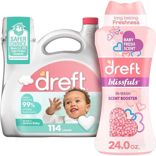 Bundle of Dreft Stage 2: Active Baby Liquid Laundry Detergent 114 Loads 165 fl oz + Blissfuls In-Wash Scent Booster Beads, Baby Fresh Scent, 24 oz - 2 Piece Set