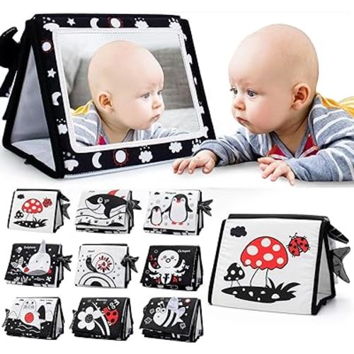 Tummy Time Mirror Toys, Baby Toys 6-12 Months Black and White High Contrast Sensory 3D Activity Montessori Interactive Crinkle Books for Boys Girls Gifts (Ocean)