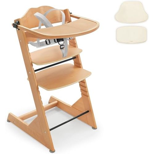 Convertible Wooden High Chair for Babies and Toddlers - Baby Feeding &Toddler Dining Chair with Removable Tray, Cushion and Harness, Natural Color