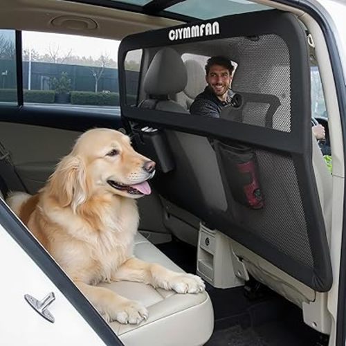 Dog Barrier for Car Back Seat & Cargo Area with Wider Coverage, Universal Fit for Car, SUV, Truck & Sedan, Dog Car Divider with Chew-Proof Transparent Net and Sturdy Metal Frame for Backseat & Trunk