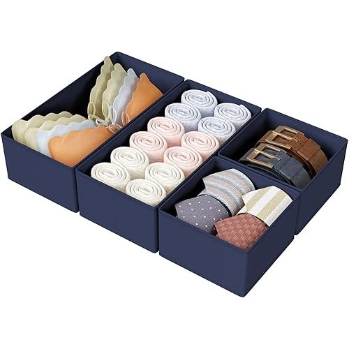DIMJ Drawer Organizers Clothes, Set of 4 Dresser Organizer Bins, Fabric Closet Organizers and Storage, Shallow Drawer Dividers for Nursery, Clothing, Baby Clothes, Socks, Underwears, Tie (Navy Blue)