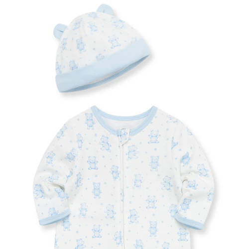 Little Me Baby Boy Clothes 2-Piece Baby Sleeper and Cap Set, 100% Cotton Footies Baby Essentials, Preemie to 9 Months