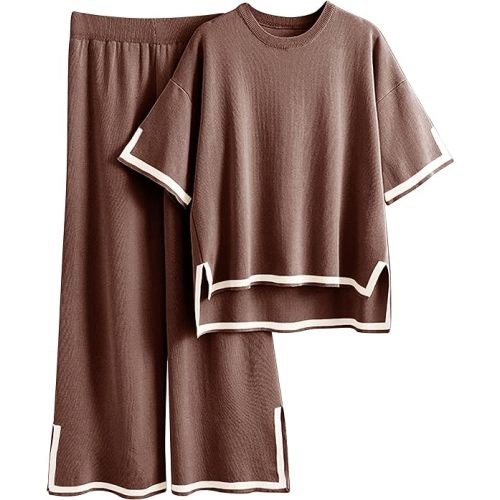 Tanming Sweater Sets Women 2 Piece Lounge Sets Short Sleeve Knit Pullover Tops Wide Leg Pants - Medium - Brown