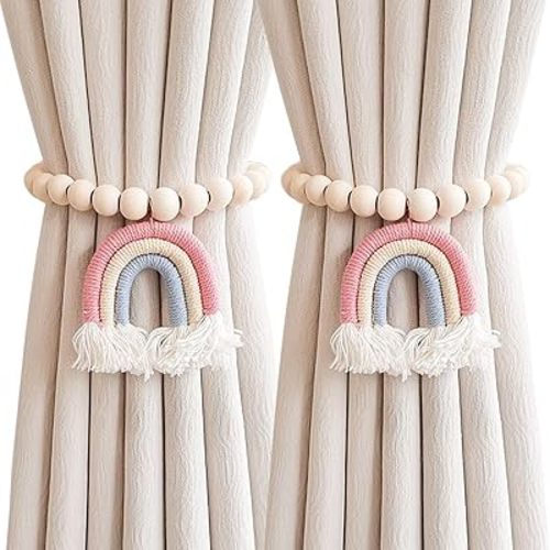 2 Pieces Wooden Beaded Curtain Tiebacks, Tassel Curtain Buckles Magnetic Curtain Buckles, Rainbow Tassel Curtain Tiebacks No Punch Decoration (Pink)
