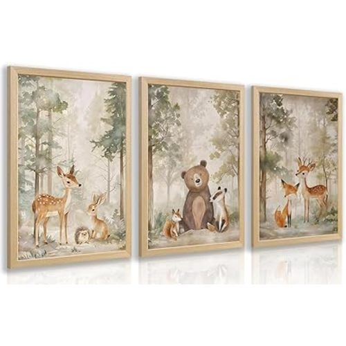 LLEEMPI Woodland Nursery Wall Decor Set of 3, Cute Forest Animal Wall Art, Bear Fox Deer Watercolor Canvas Prints, Vintage Nature Poster Prints for Kids Bedroom Bathroom Playroom Wood Framed 16x24 Inch
